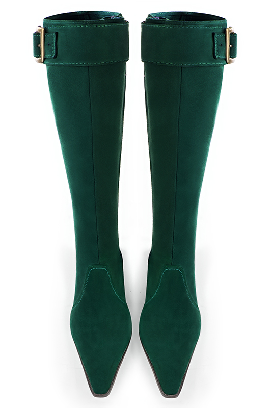 Forest green women's feminine knee-high boots. Tapered toe. Medium block heels. Made to measure. Top view - Florence KOOIJMAN
